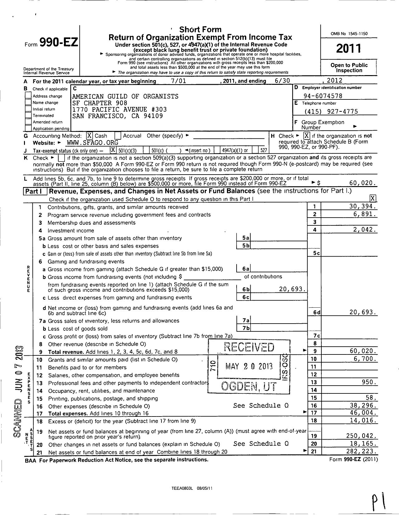 Image of first page of 2011 Form 990EZ for American Guild of Organists - 908 San Francisco Chapter