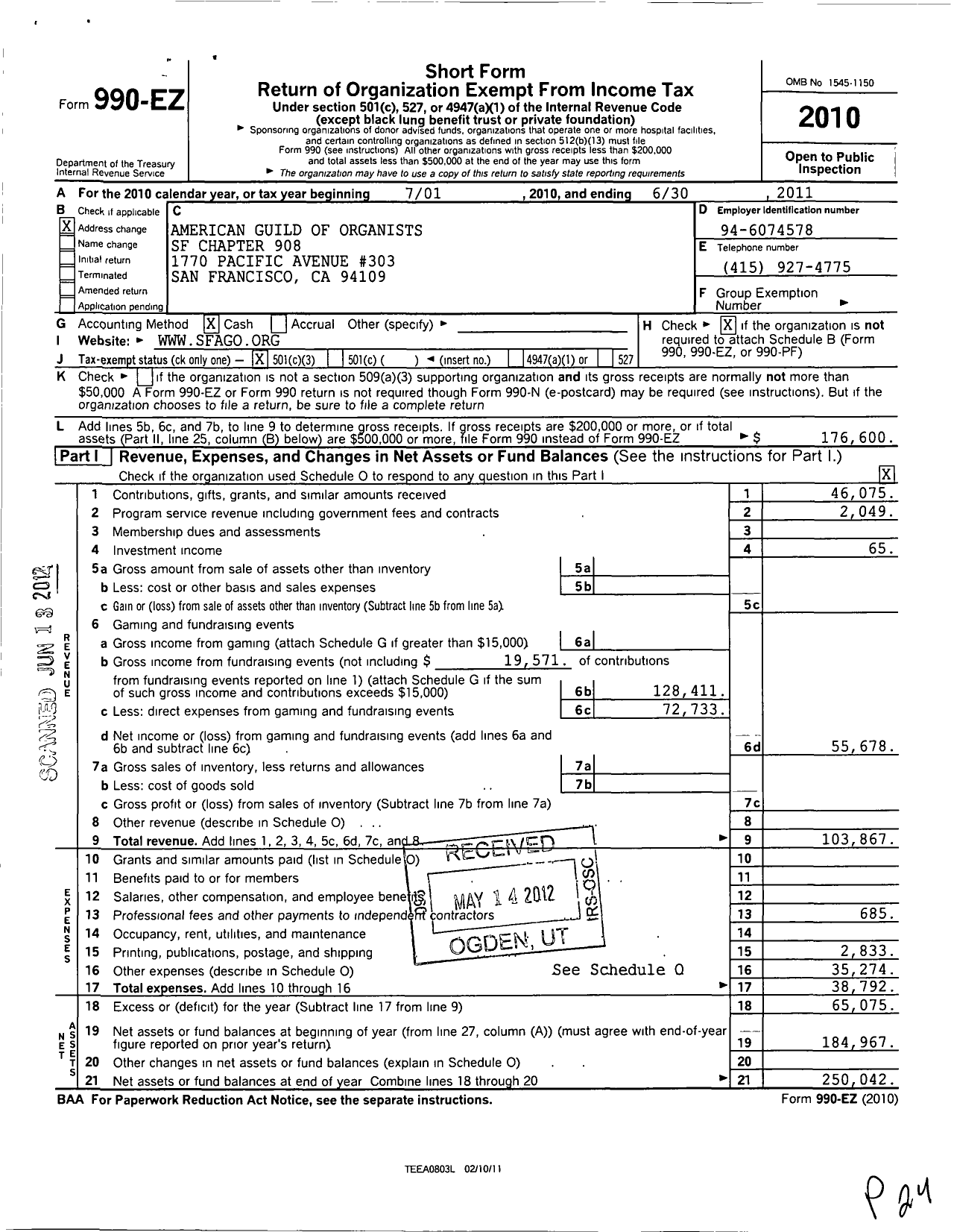 Image of first page of 2010 Form 990EZ for American Guild of Organists - 908 San Francisco Chapter