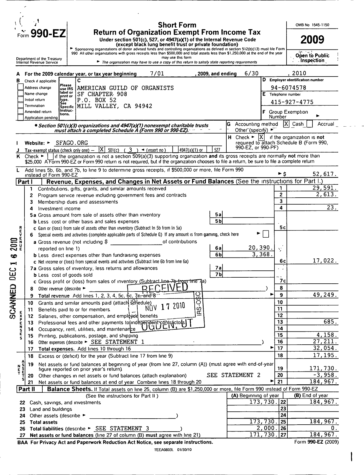 Image of first page of 2009 Form 990EZ for American Guild of Organists - 908 San Francisco Chapter