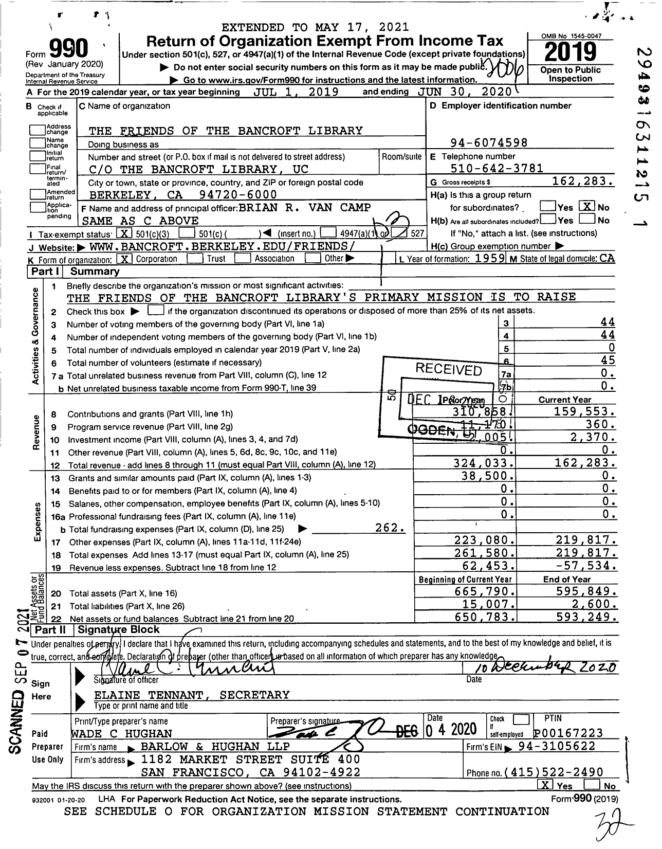 Image of first page of 2019 Form 990 for The Friends of the Bancroft Library