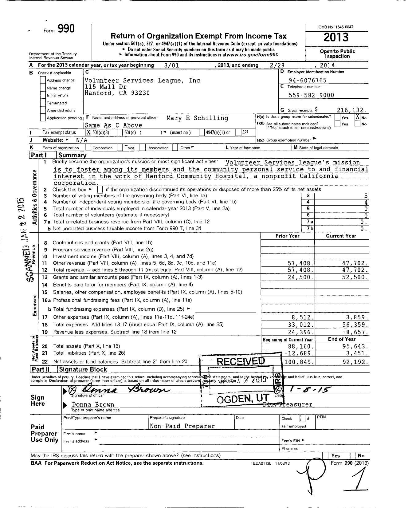 Image of first page of 2013 Form 990 for Adventist Hlth Volunteer Guild Hanford