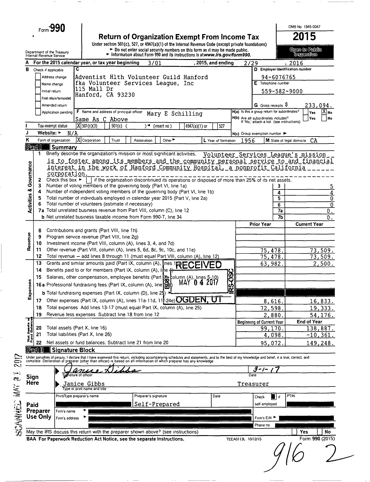 Image of first page of 2015 Form 990 for Adventist Hlth Volunteer Guild Hanford