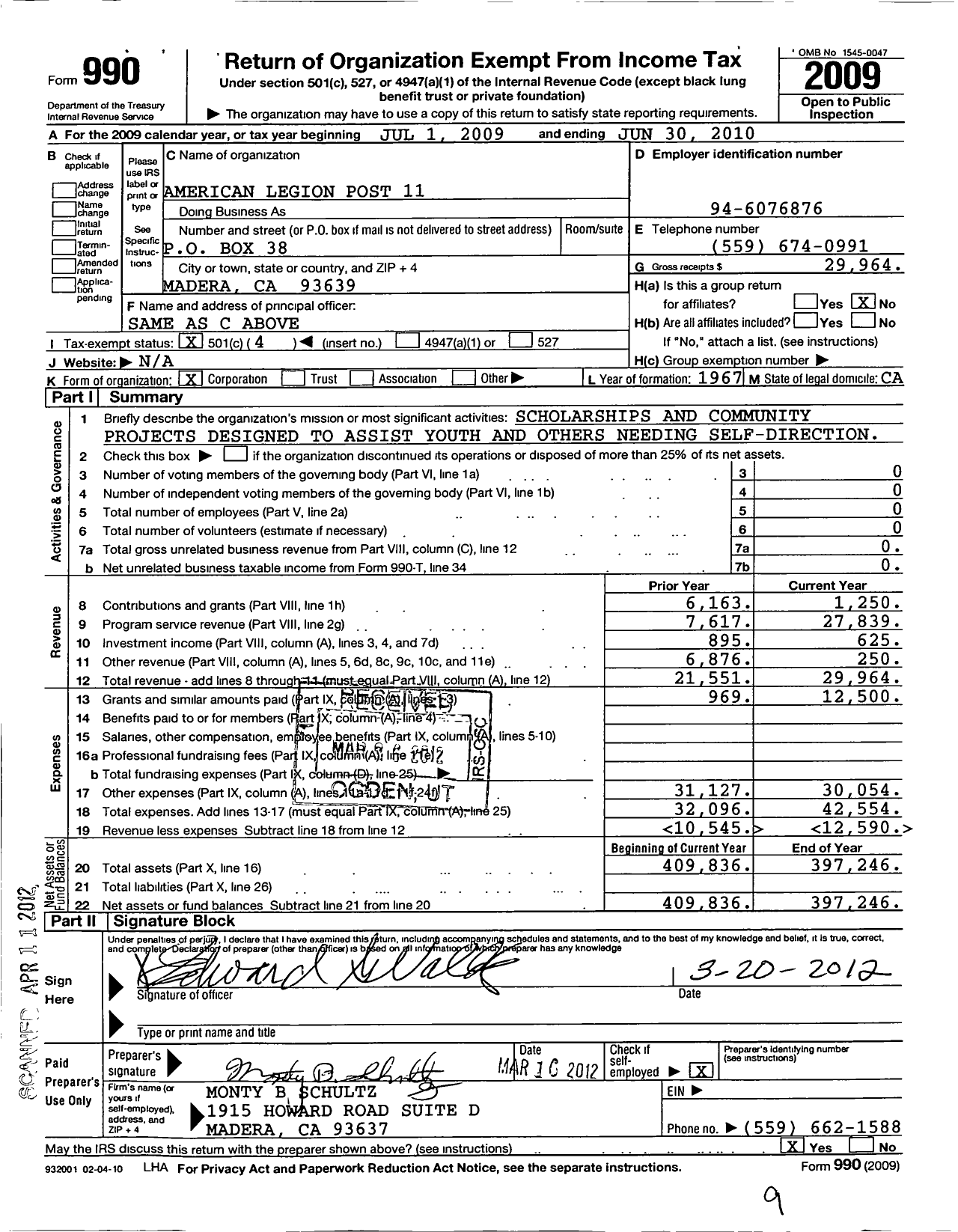 Image of first page of 2009 Form 990O for American Legion - 11 Madera Ca Post