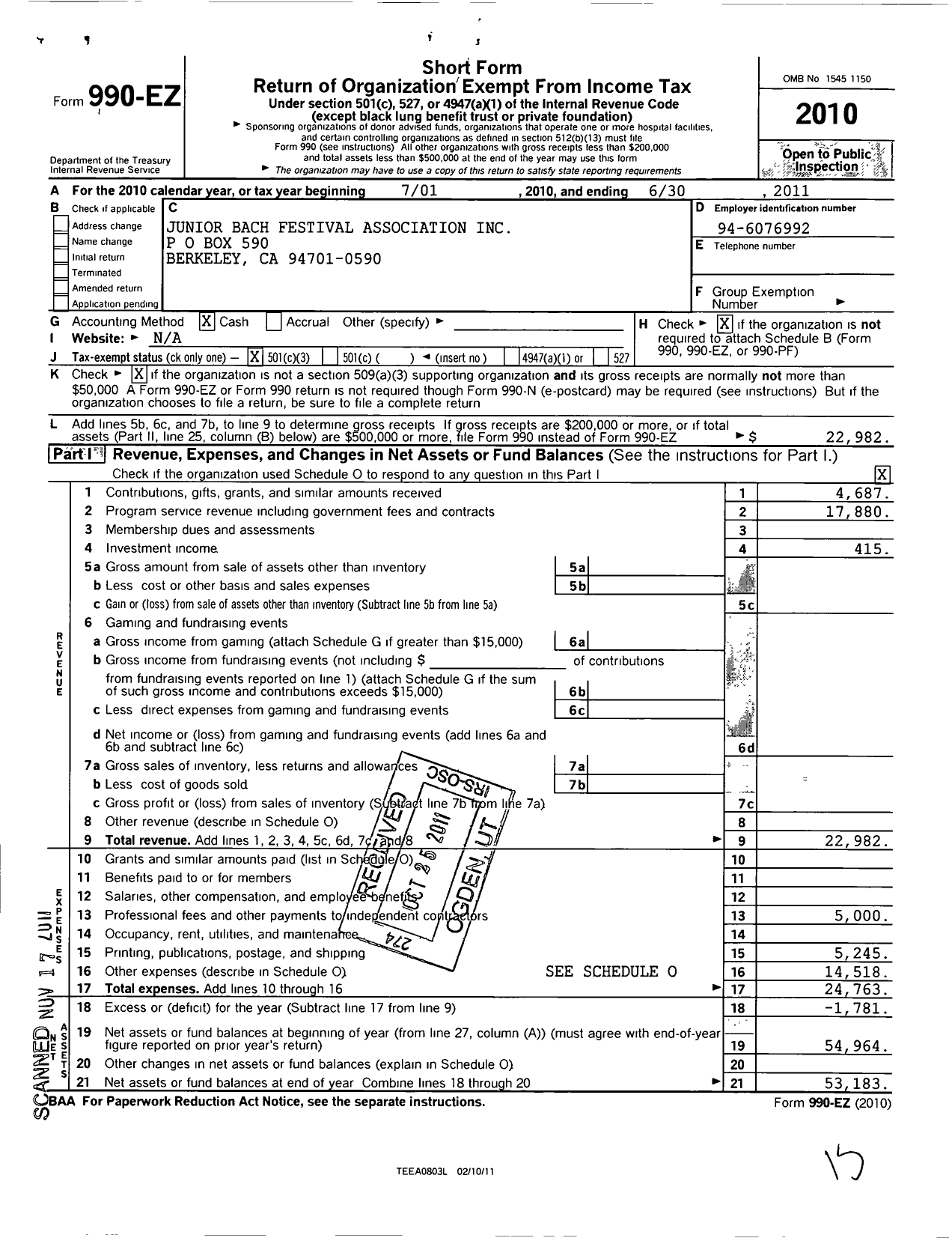 Image of first page of 2010 Form 990EZ for Junior Bach Festival Association