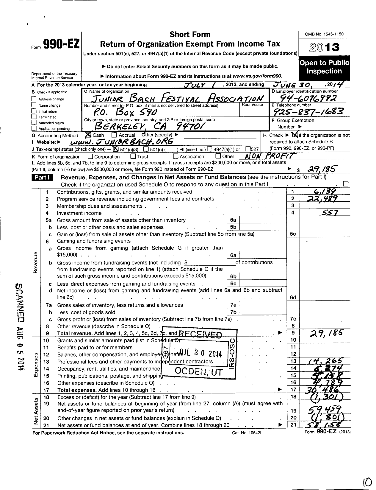 Image of first page of 2013 Form 990EZ for Junior Bach Festival Association