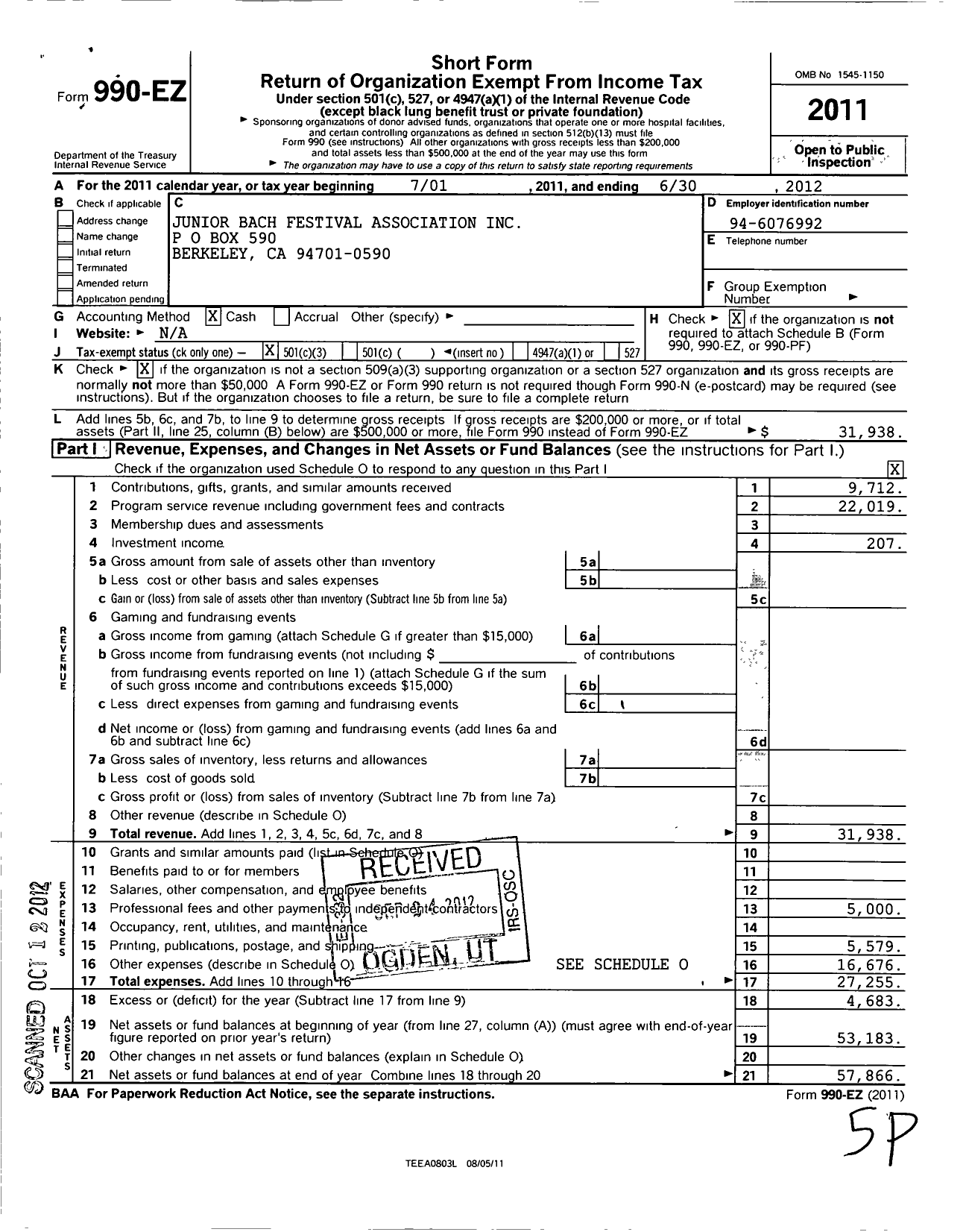 Image of first page of 2011 Form 990EZ for Junior Bach Festival Association