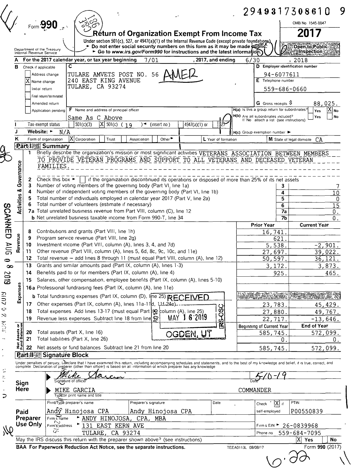 Image of first page of 2017 Form 990O for Amvets - 56 Tulare Post