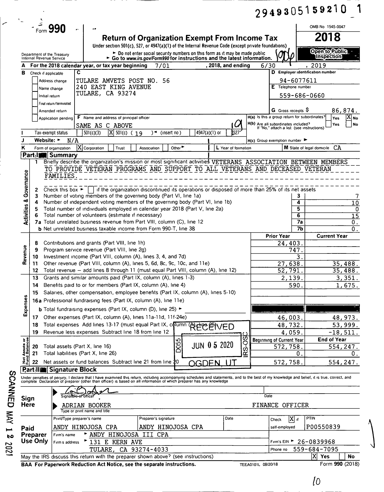 Image of first page of 2018 Form 990O for Amvets - 56 Tulare Post