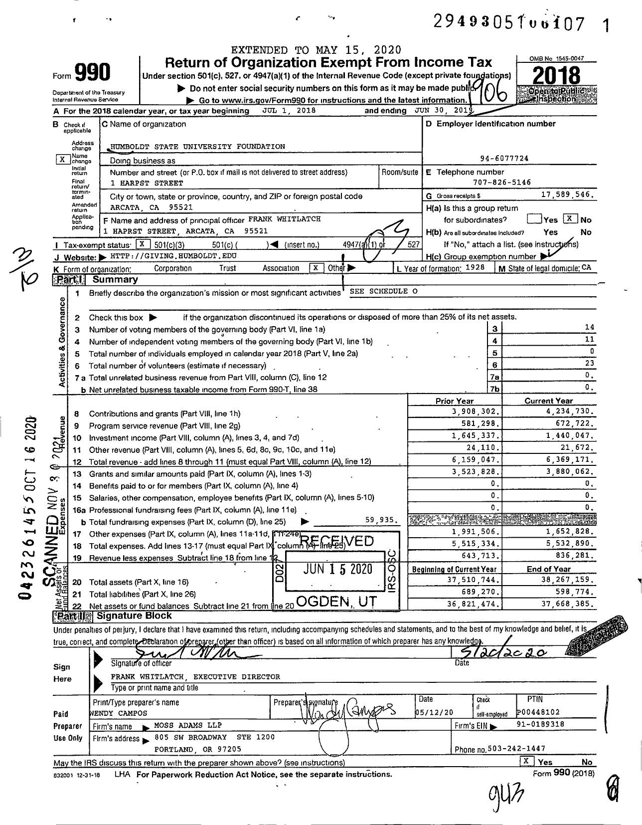 Image of first page of 2018 Form 990 for Cal Poly Humboldt Foundation
