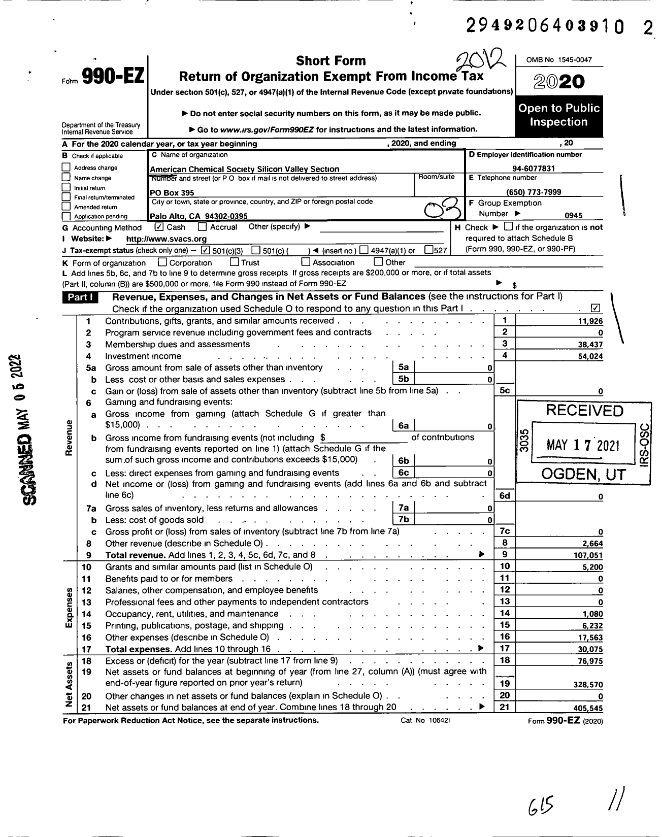 Image of first page of 2020 Form 990EZ for American Chemical Society - Silicon Valley Section