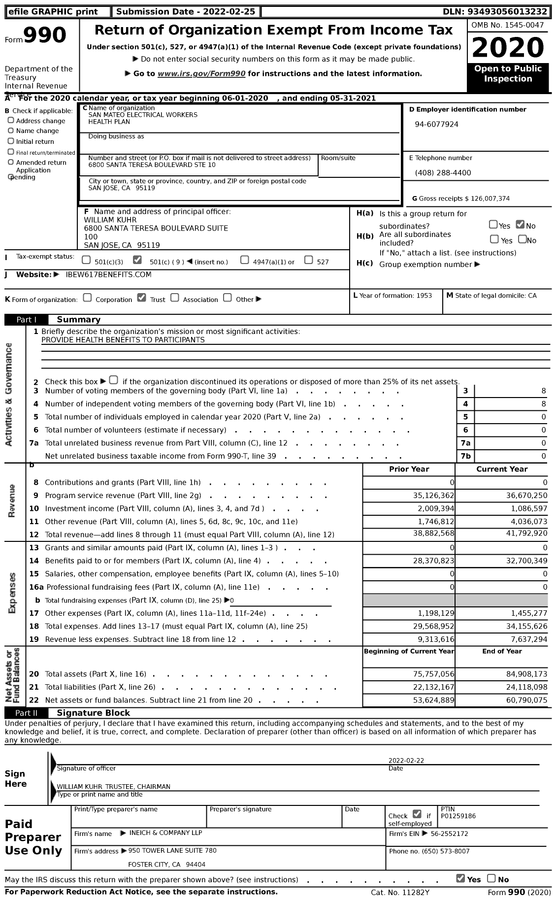 Image of first page of 2020 Form 990 for San Mateo Electrical Workers Health Plan