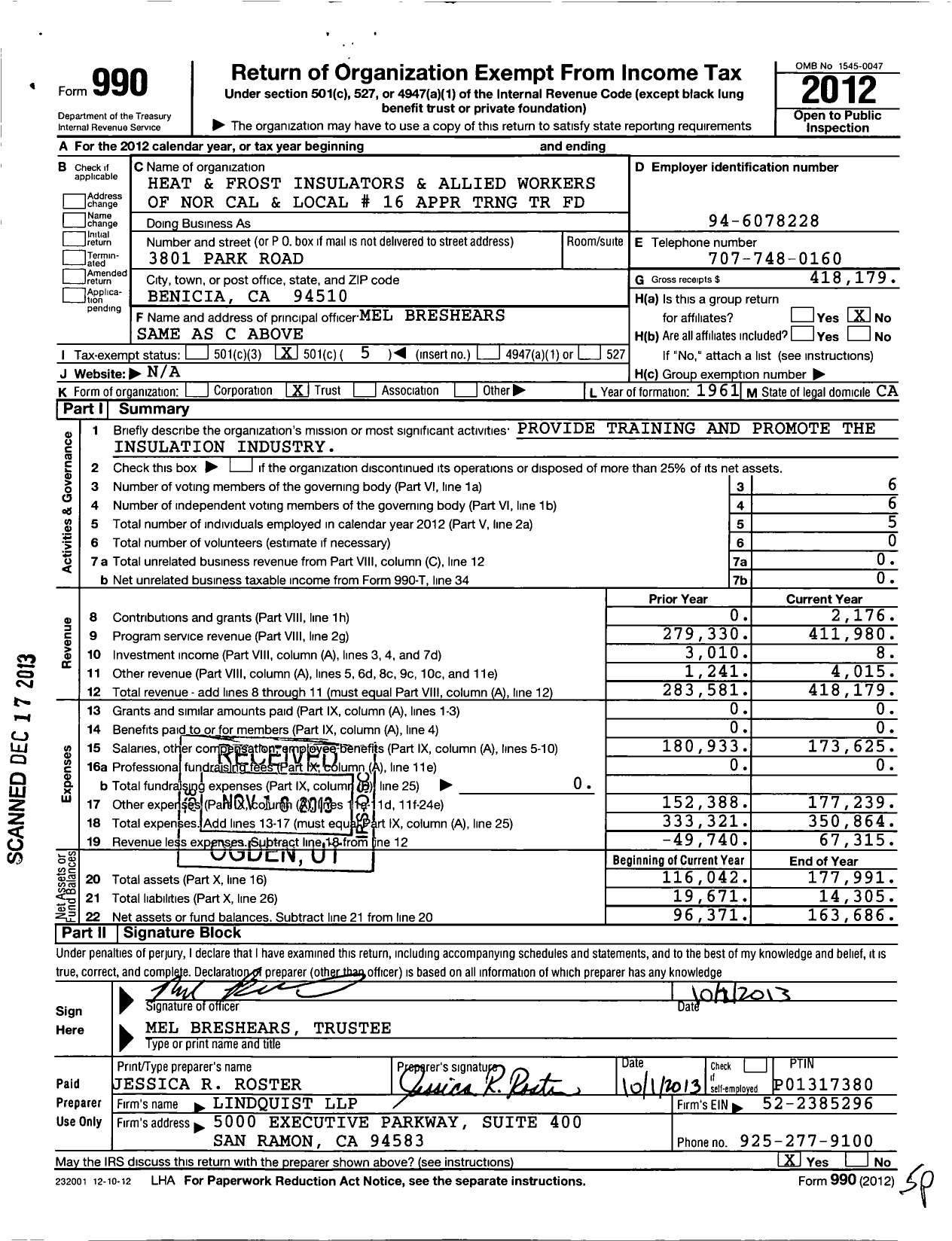 Image of first page of 2012 Form 990O for Heat and Frost Insulators and Allied Workers of Nor Cal and Local # 16 Appr