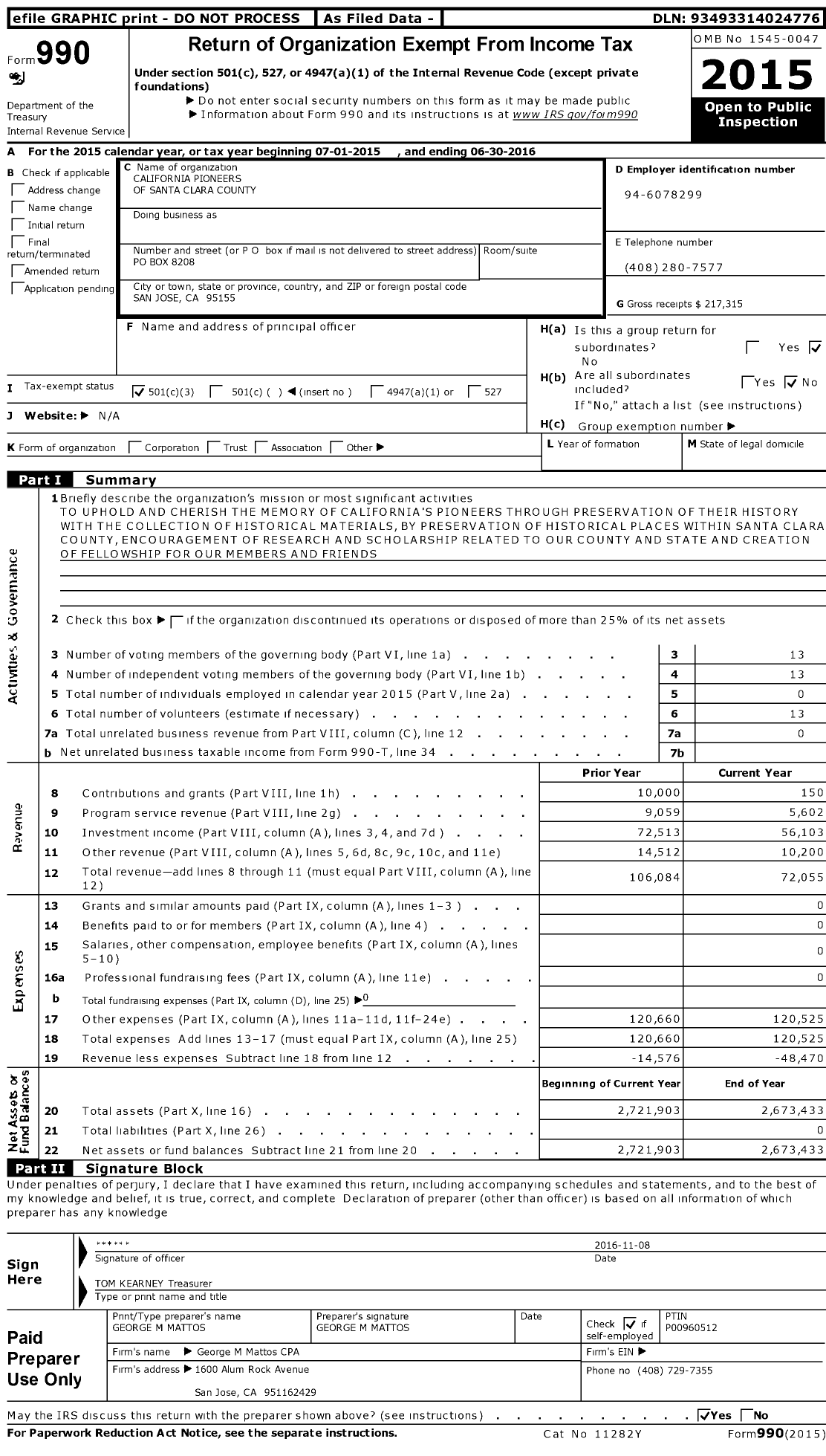 Image of first page of 2015 Form 990 for California Pioneers of Santa Clara County