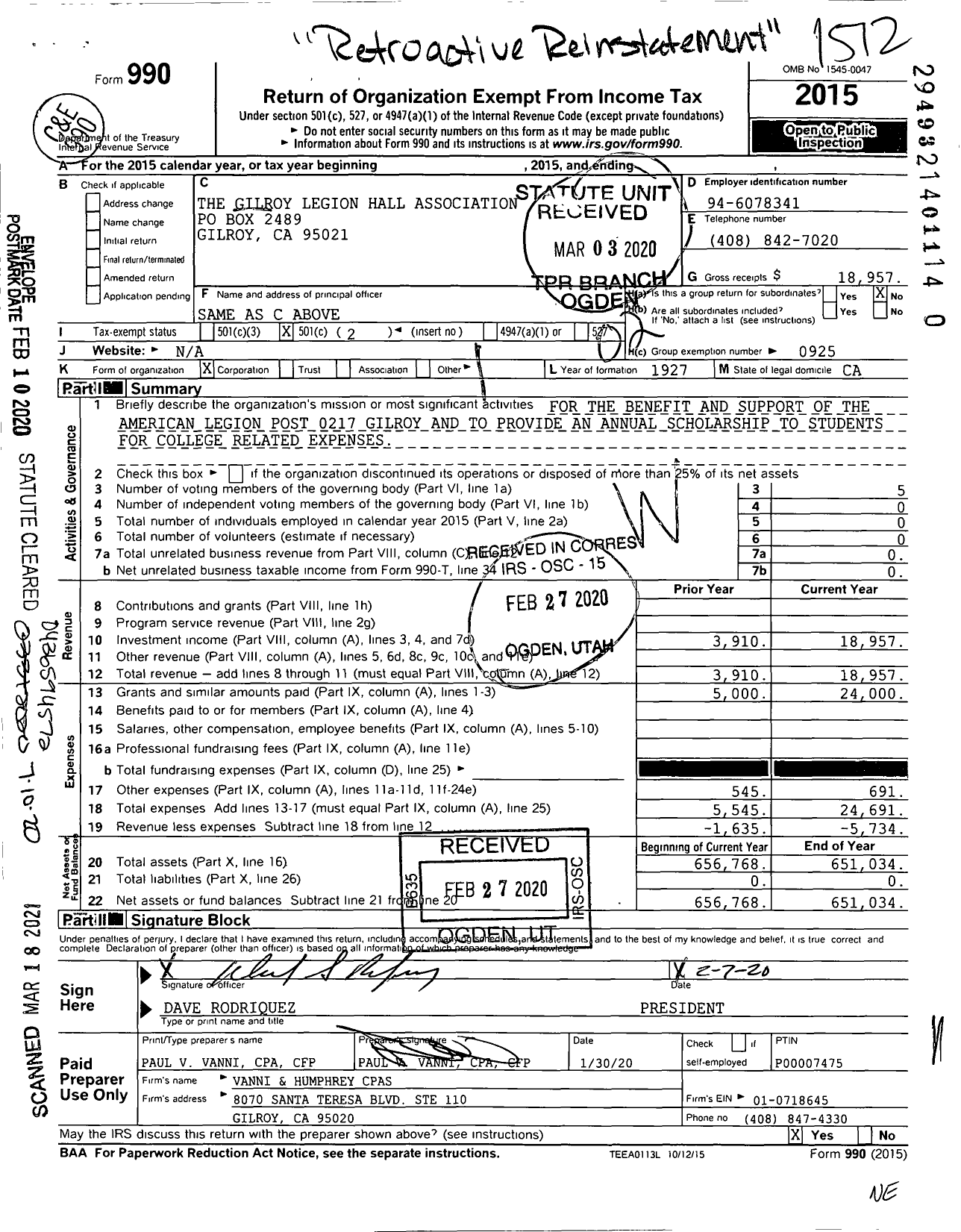 Image of first page of 2015 Form 990O for The Gilroy Legion Hall Association