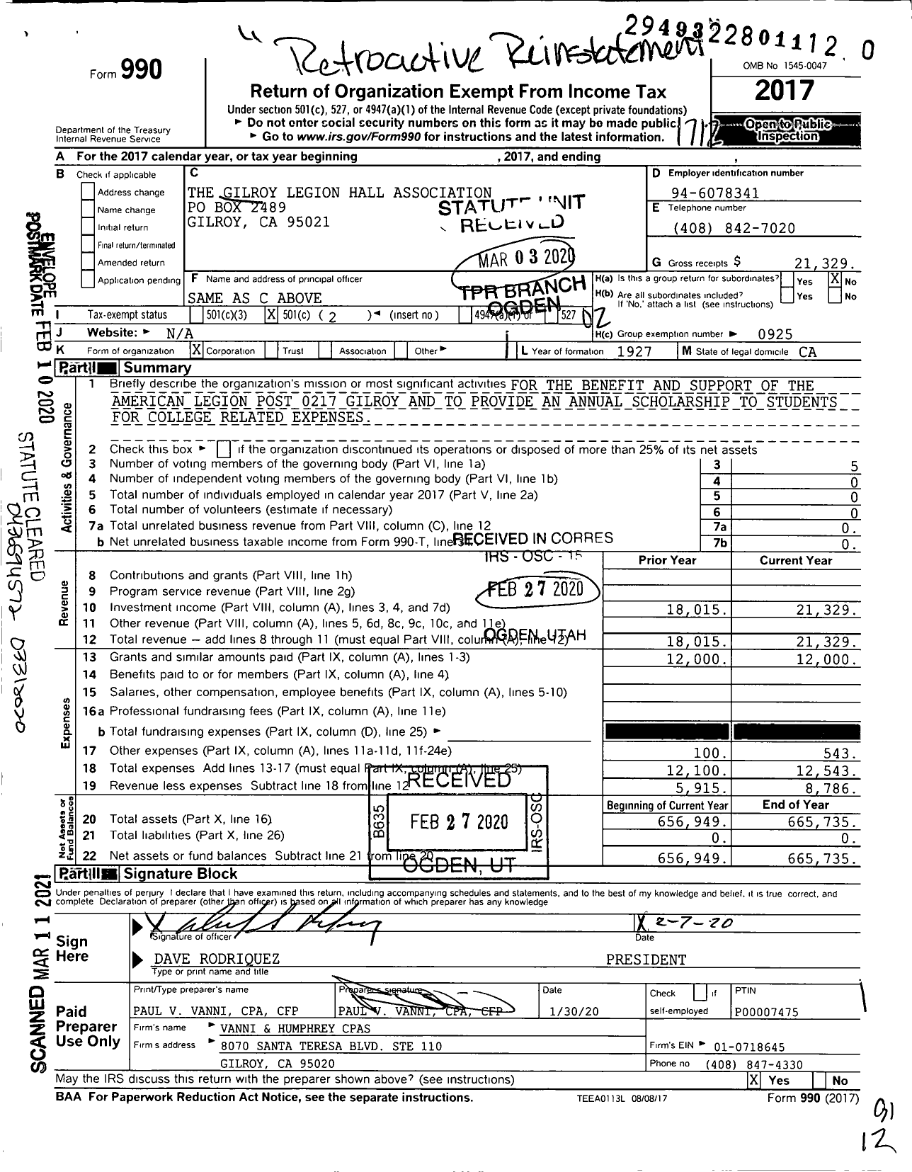 Image of first page of 2017 Form 990O for The Gilroy Legion Hall Association