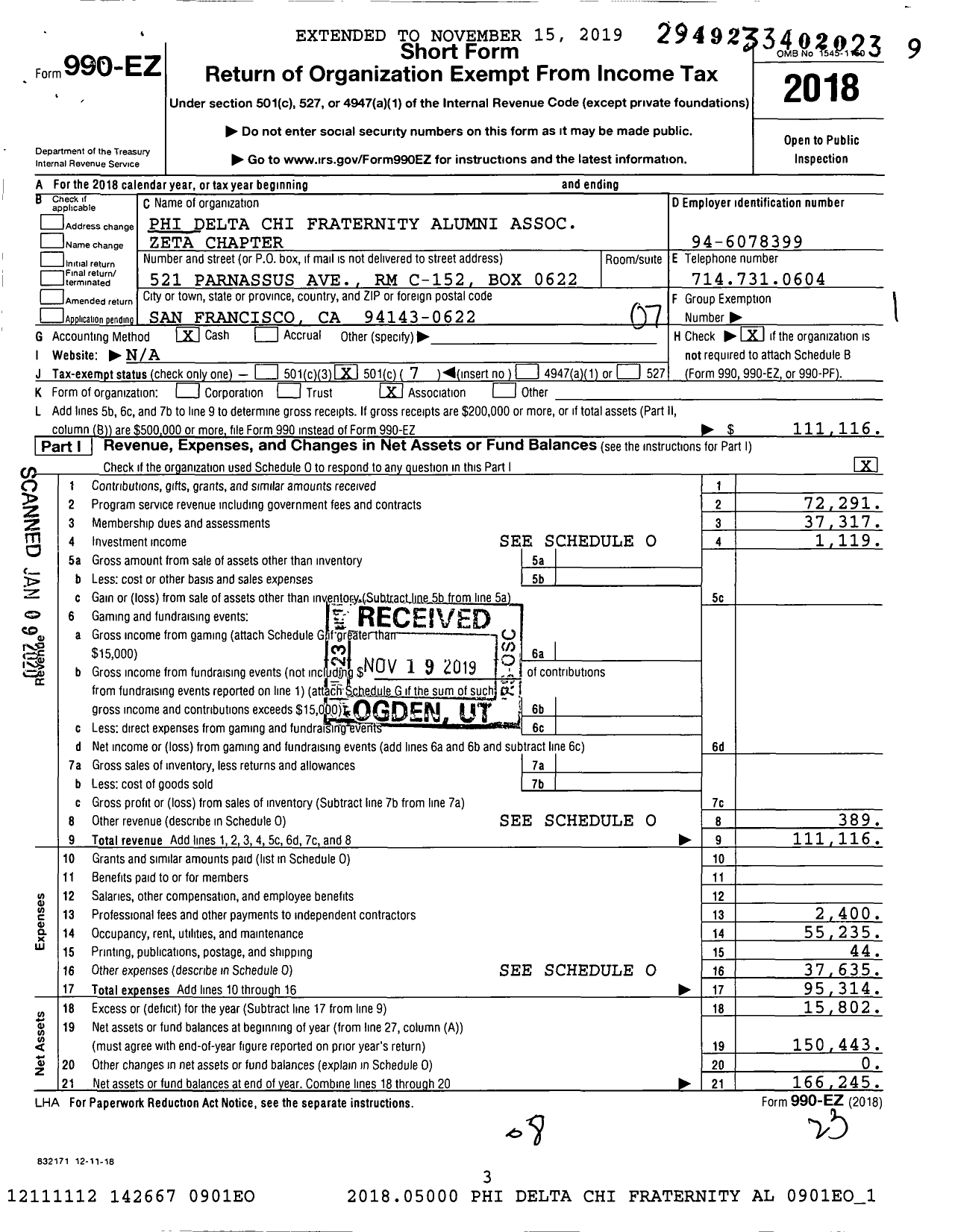 Image of first page of 2018 Form 990EO for Phi Delta Chi Fraternity Alumni Association Zeta Chapter