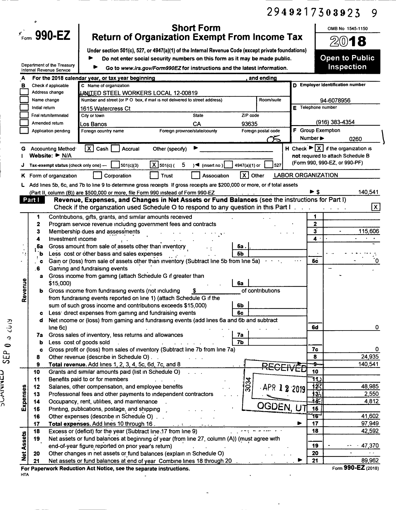 Image of first page of 2018 Form 990EO for United Steelworkers International Union Local 819