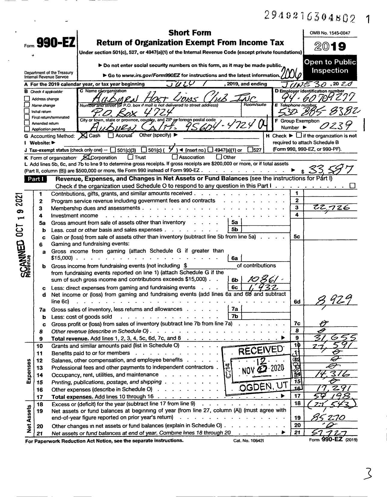 Image of first page of 2019 Form 990EO for Lions Clubs - 2154 Auburn Host