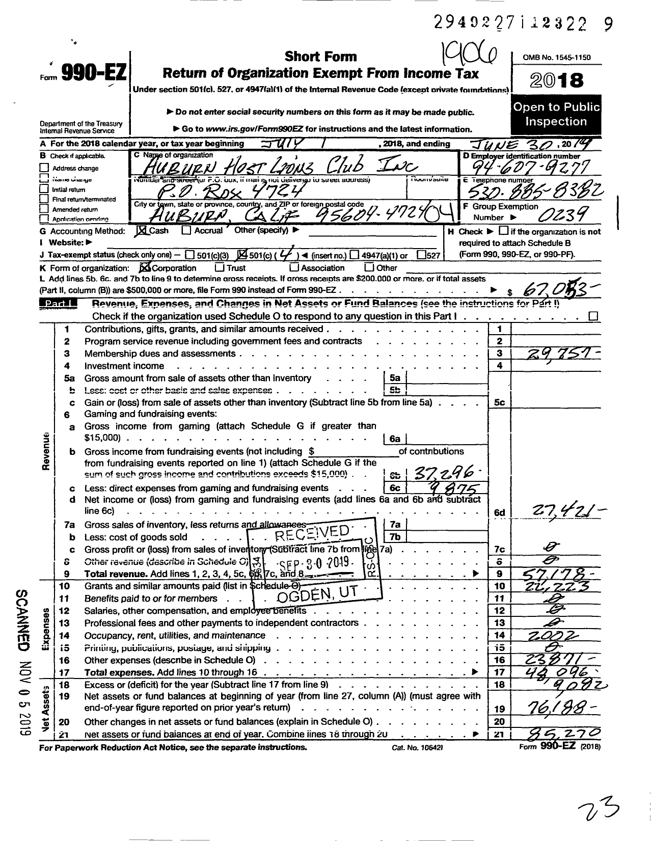 Image of first page of 2018 Form 990EO for Lions Clubs - 2154 Auburn Host