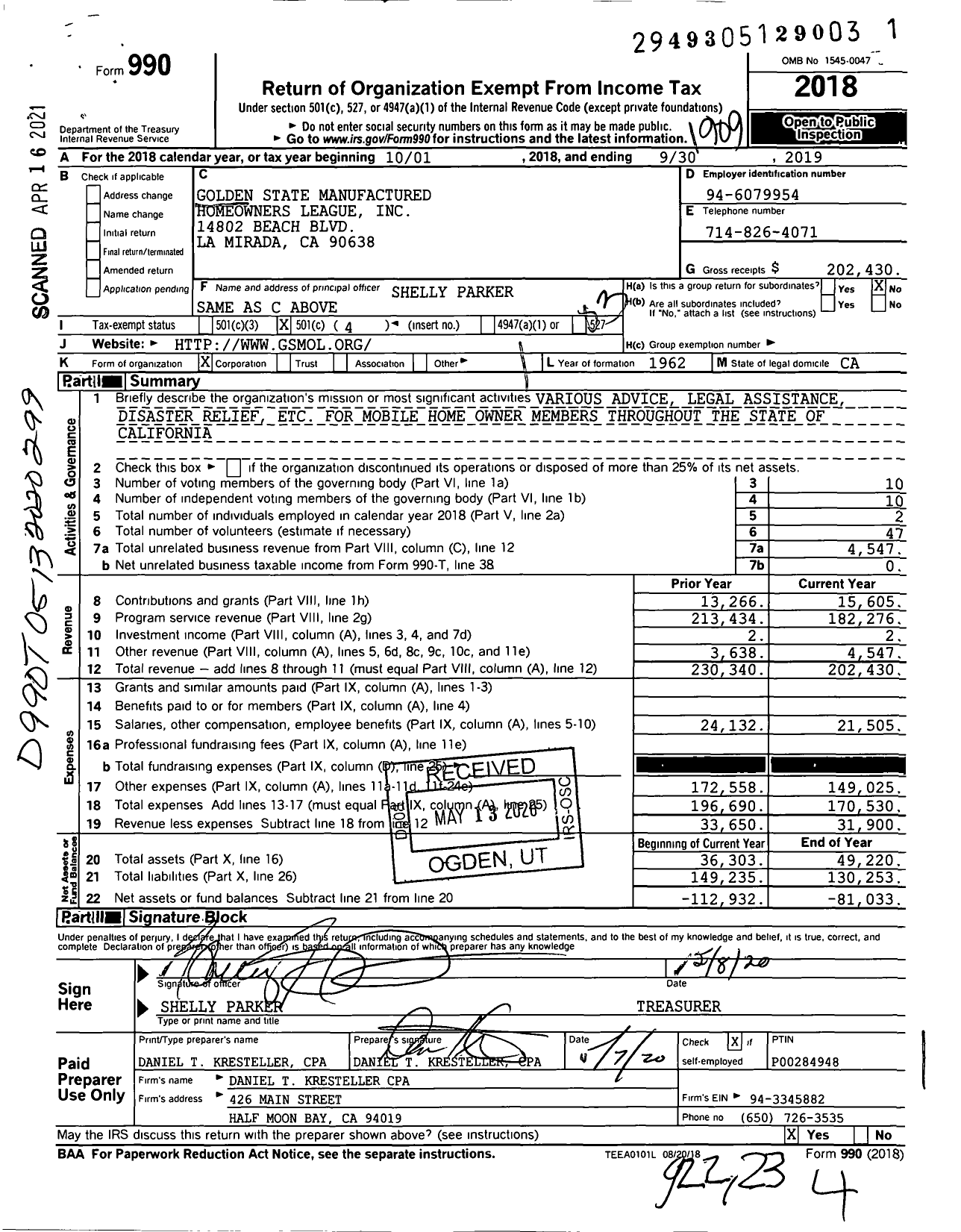 Image of first page of 2018 Form 990 for Golden State Manufactured Homeowners League