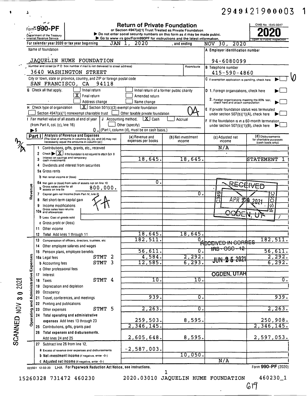 Image of first page of 2019 Form 990PF for Jaquelin Hume Foundation