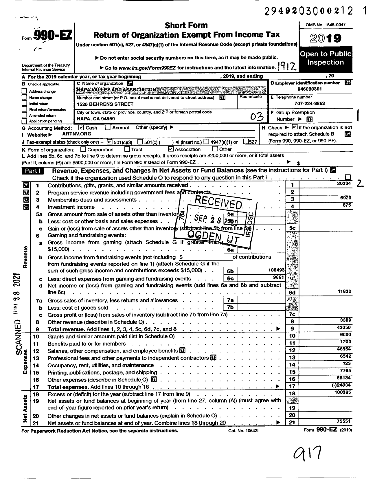 Image of first page of 2019 Form 990EZ for Napa Valley Art Association