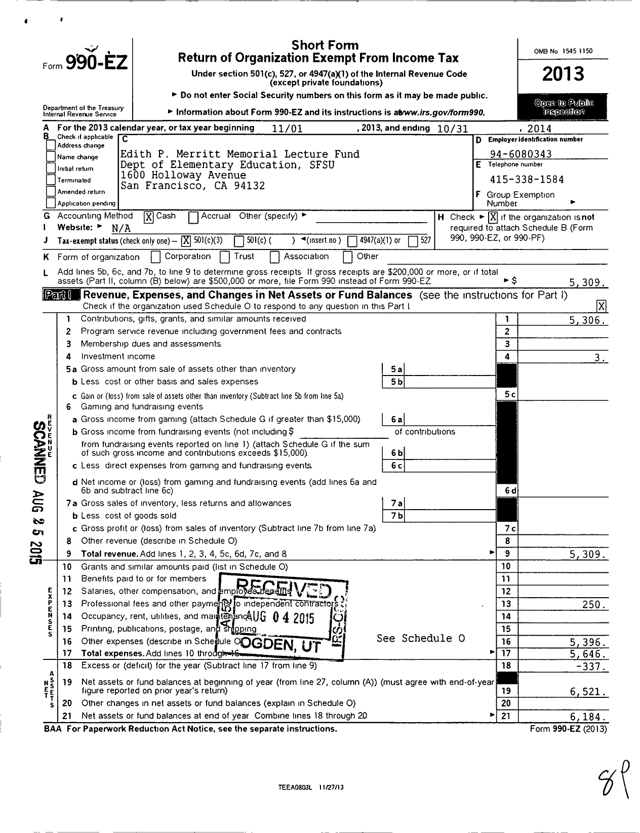 Image of first page of 2013 Form 990EZ for Edith P Merritt Memorial Lecture Fund