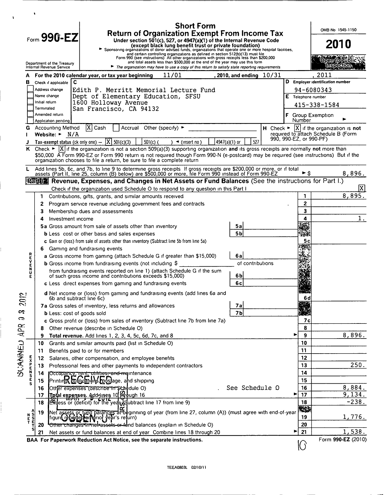 Image of first page of 2010 Form 990EZ for Edith P Merritt Memorial Lecture Fund