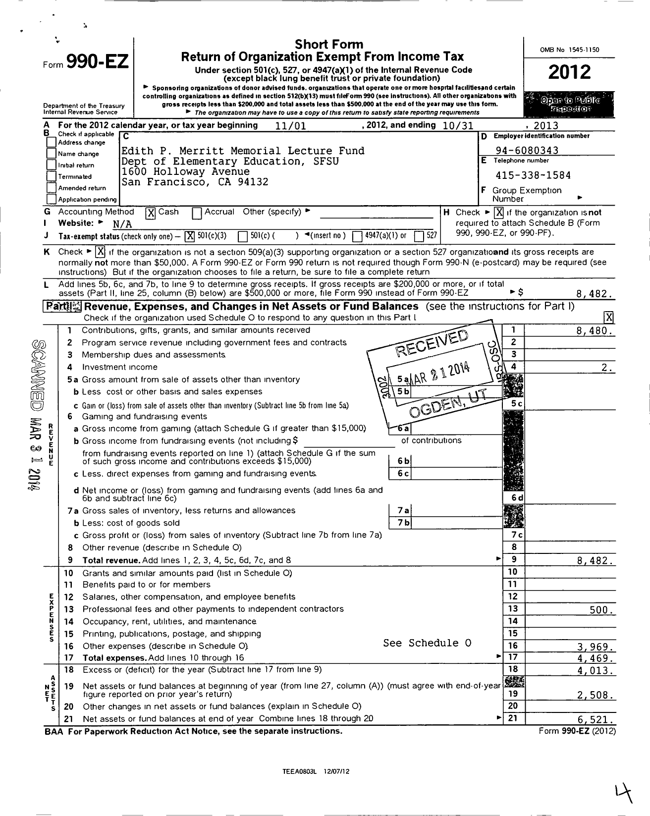 Image of first page of 2012 Form 990EZ for Edith P Merritt Memorial Lecture Fund