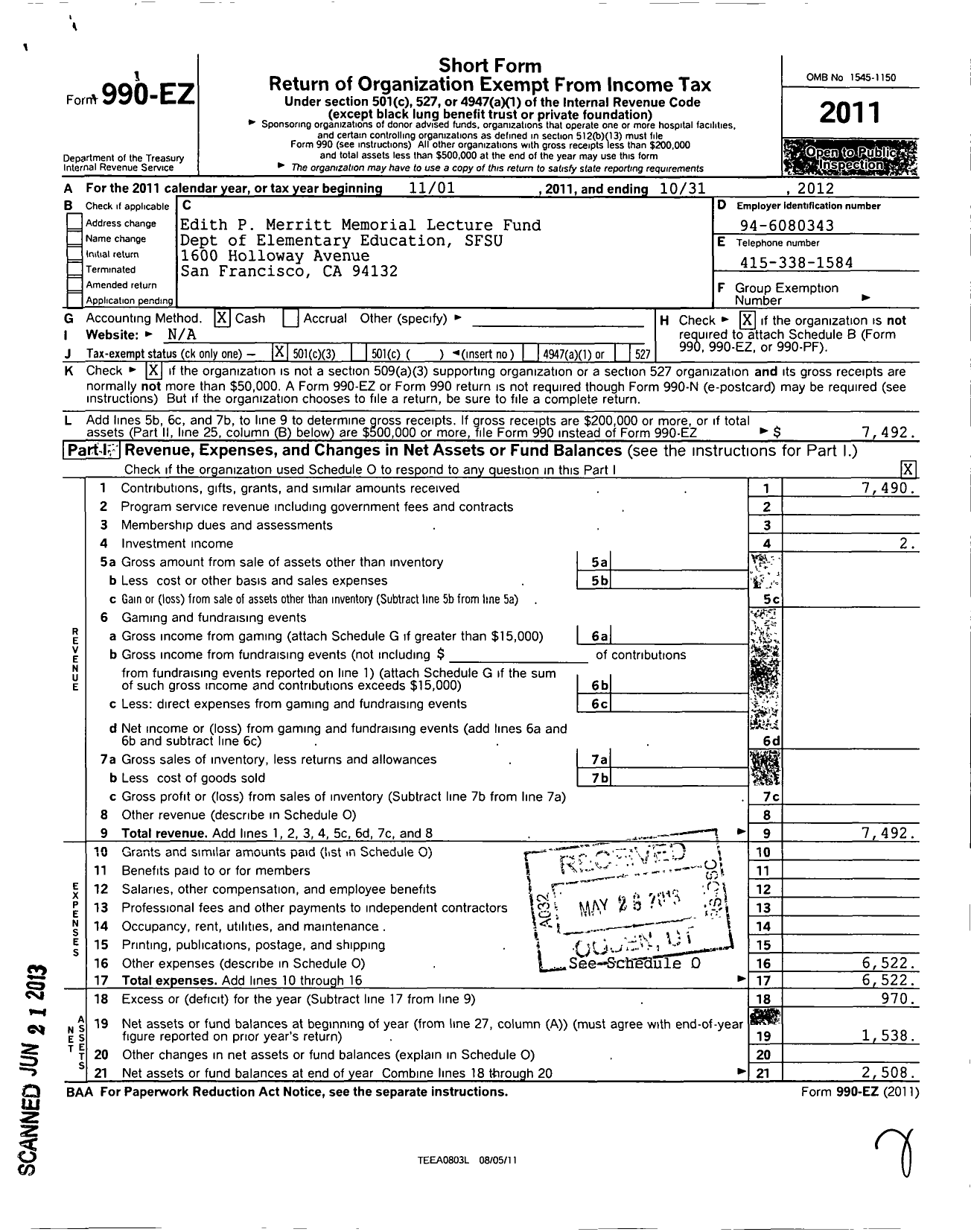 Image of first page of 2011 Form 990EZ for Edith P Merritt Memorial Lecture Fund