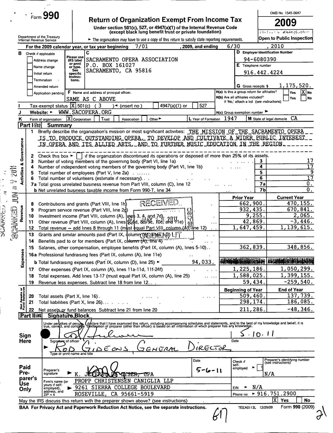 Image of first page of 2009 Form 990 for Sacramento Opera Association
