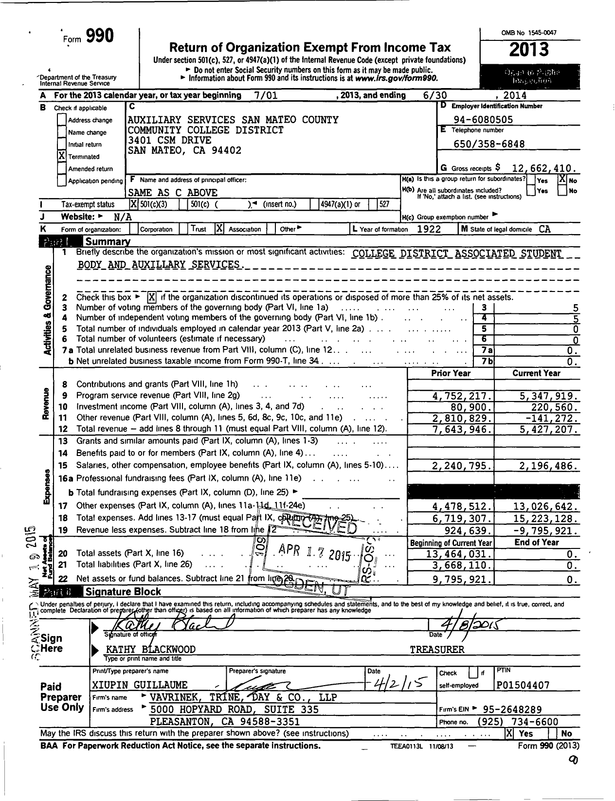 Image of first page of 2013 Form 990 for San Mateo County Community College District (SMCCCD)