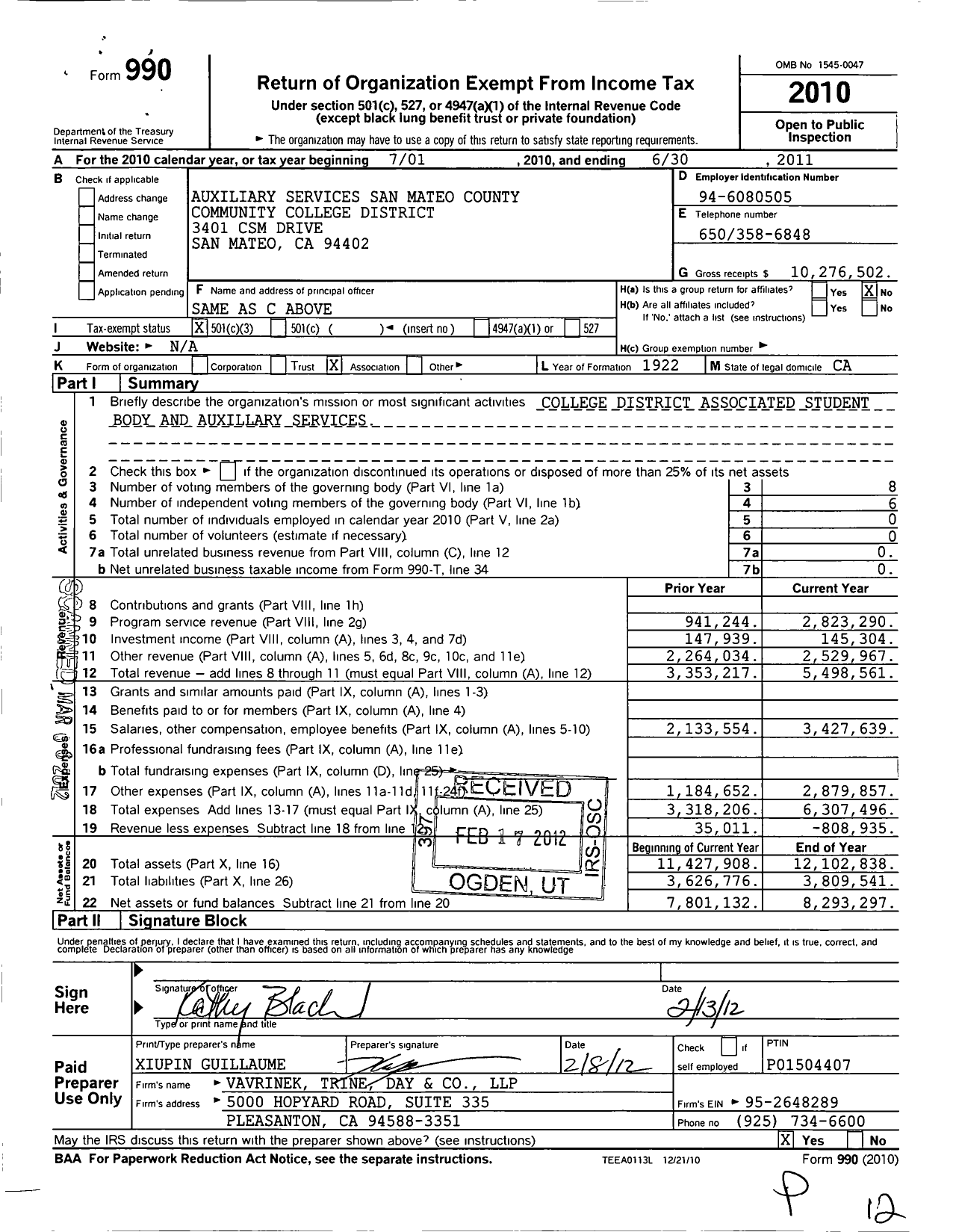 Image of first page of 2010 Form 990 for San Mateo County Community College District (SMCCCD)
