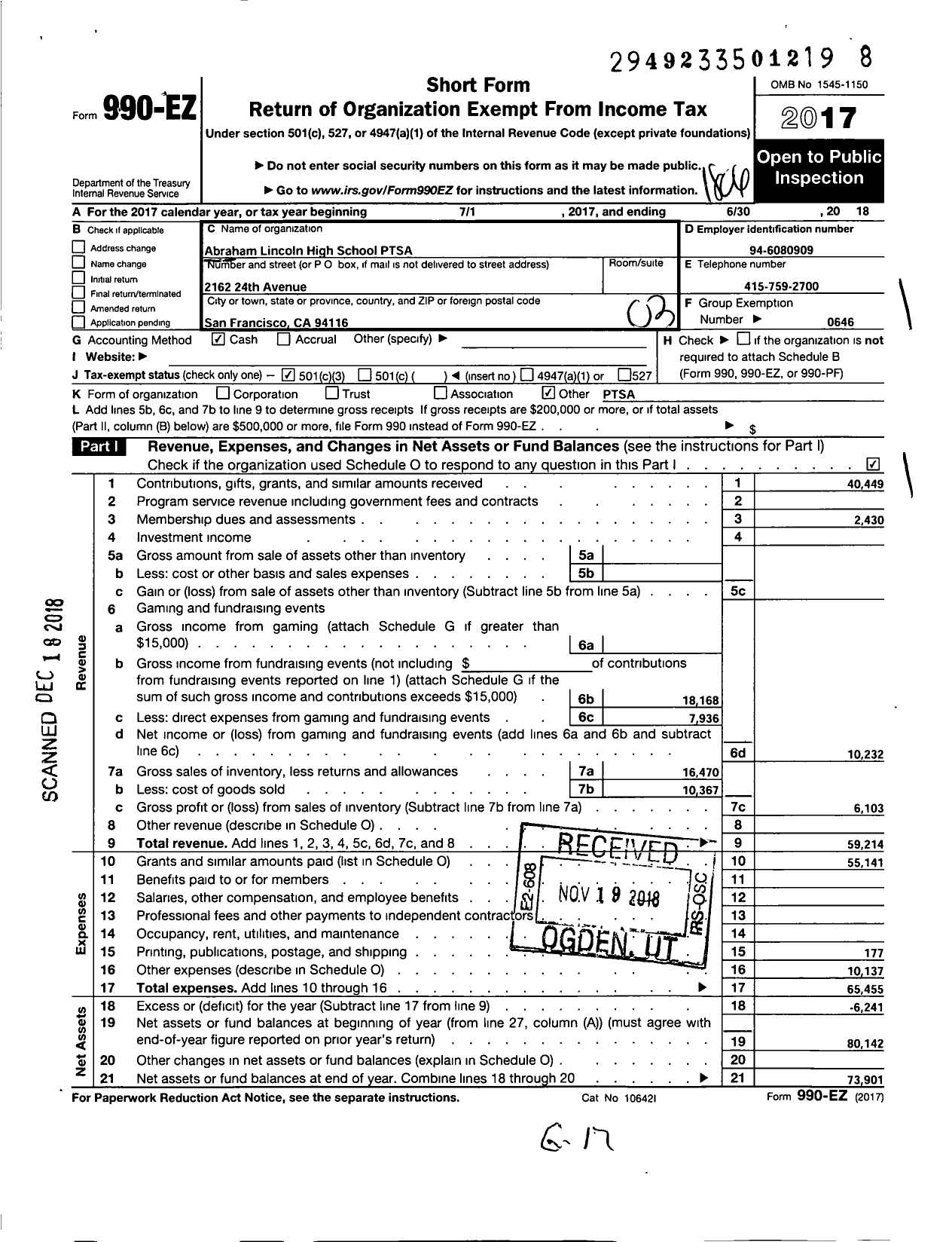 Image of first page of 2017 Form 990EZ for California State PTA - Abraham Lincoln High Ptsa