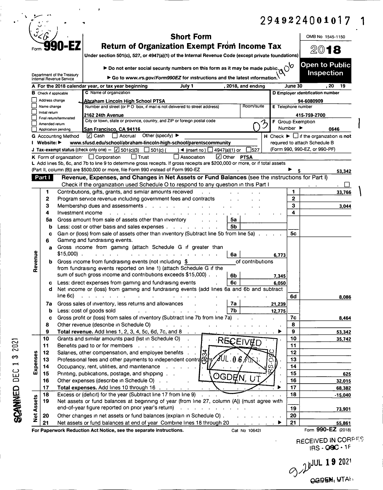 Image of first page of 2018 Form 990EZ for California State PTA - Abraham Lincoln High Ptsa