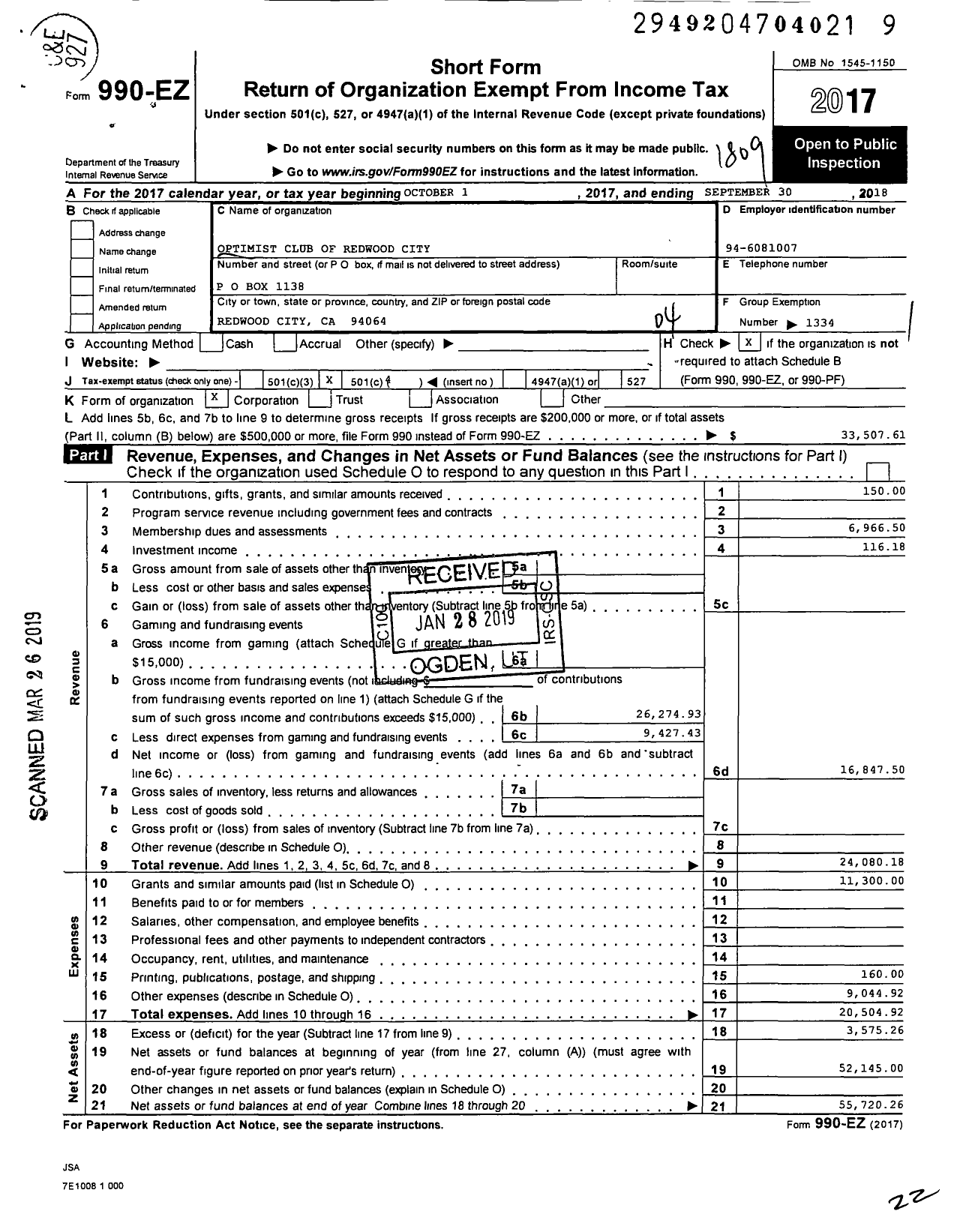 Image of first page of 2017 Form 990EO for Optimist International - 20325 Opti Club of Redwood City Ca