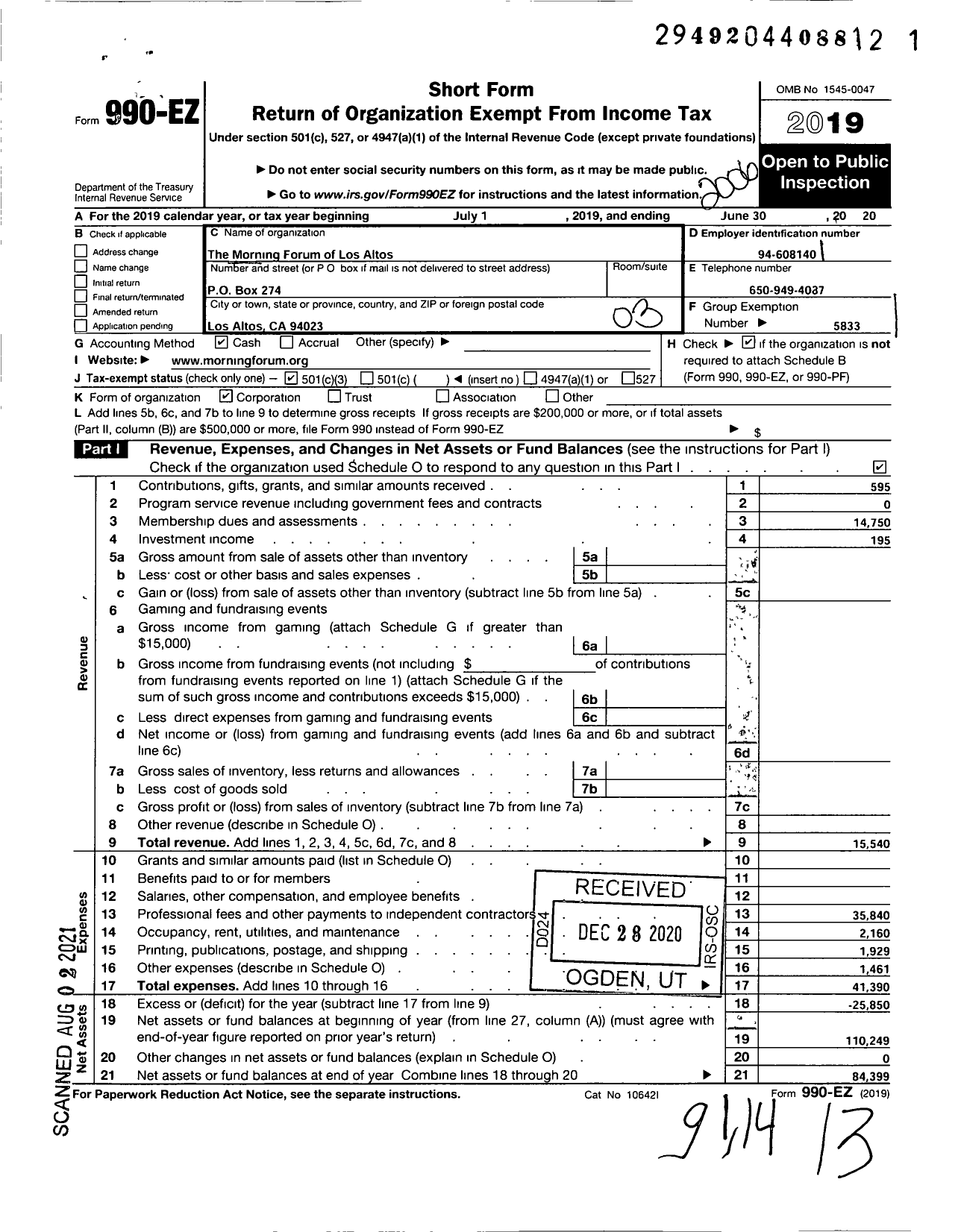 Image of first page of 2019 Form 990EZ for The Morning Forum of Los Altos