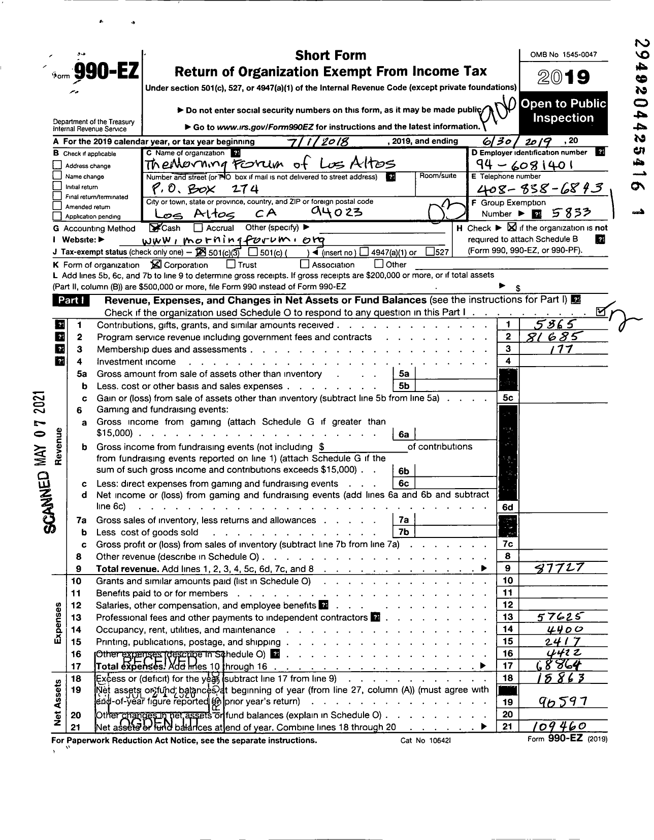 Image of first page of 2018 Form 990EZ for The Morning Forum of Los Altos