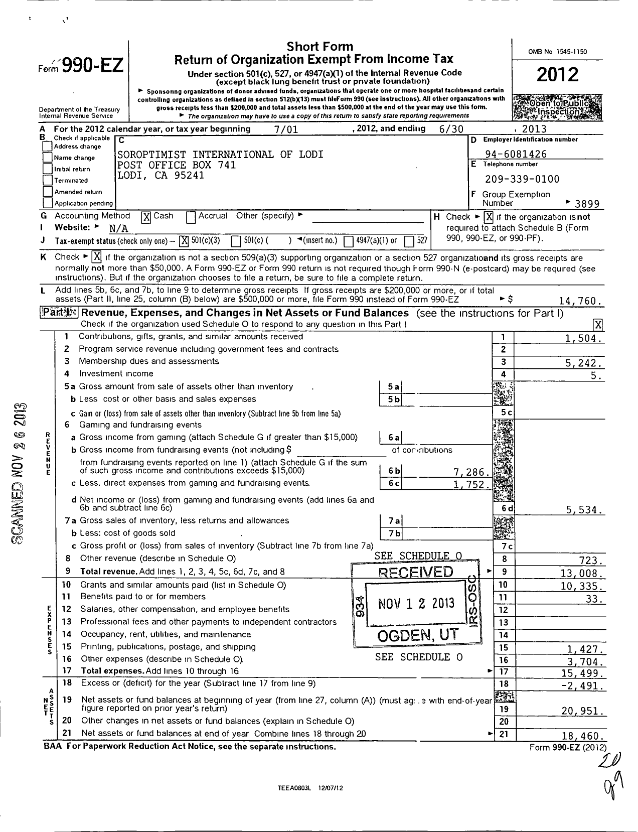 Image of first page of 2012 Form 990EZ for Soroptimist International of the Americas - 117105 Lodi Ca