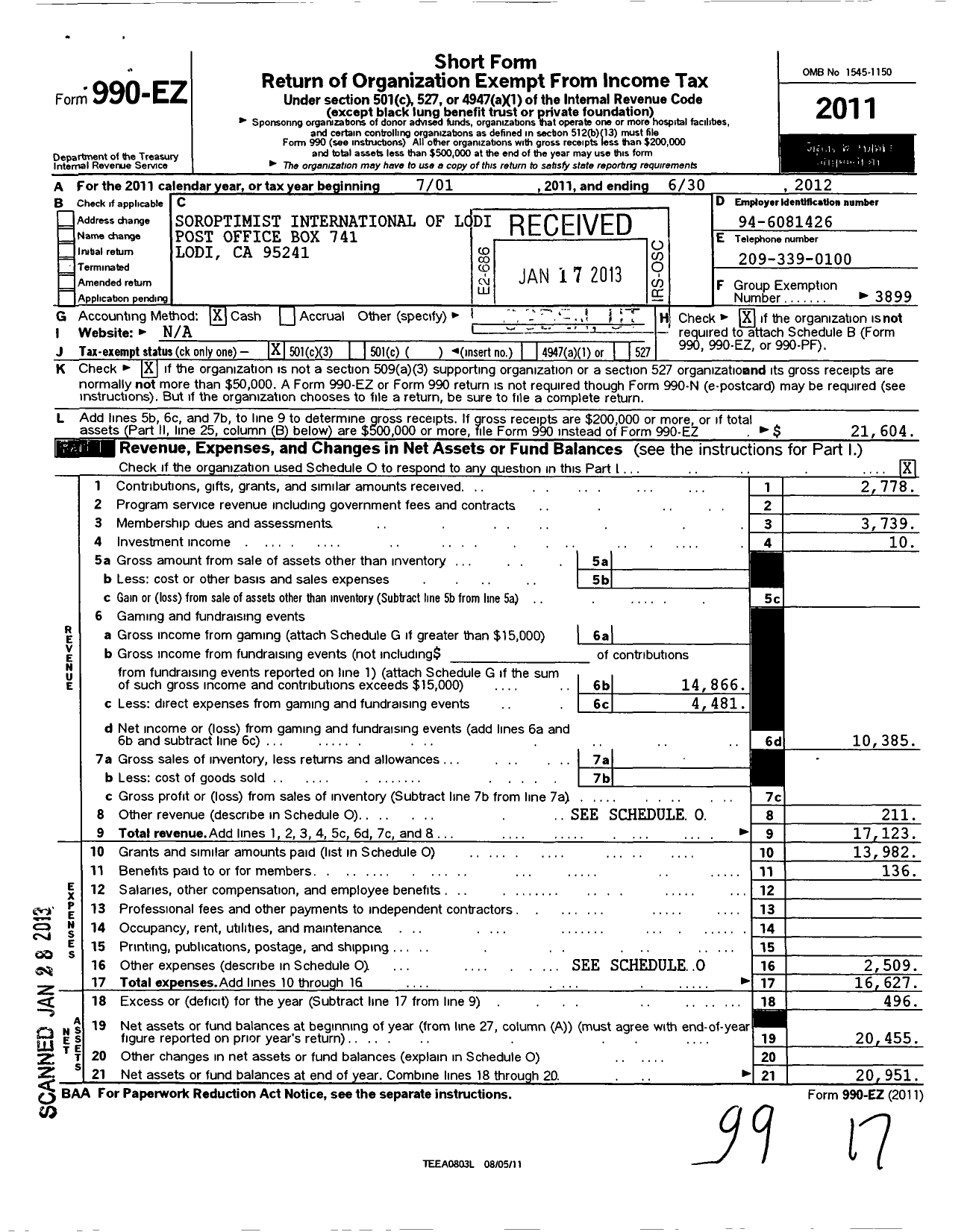 Image of first page of 2011 Form 990EZ for Soroptimist International of the Americas - 117105 Lodi Ca