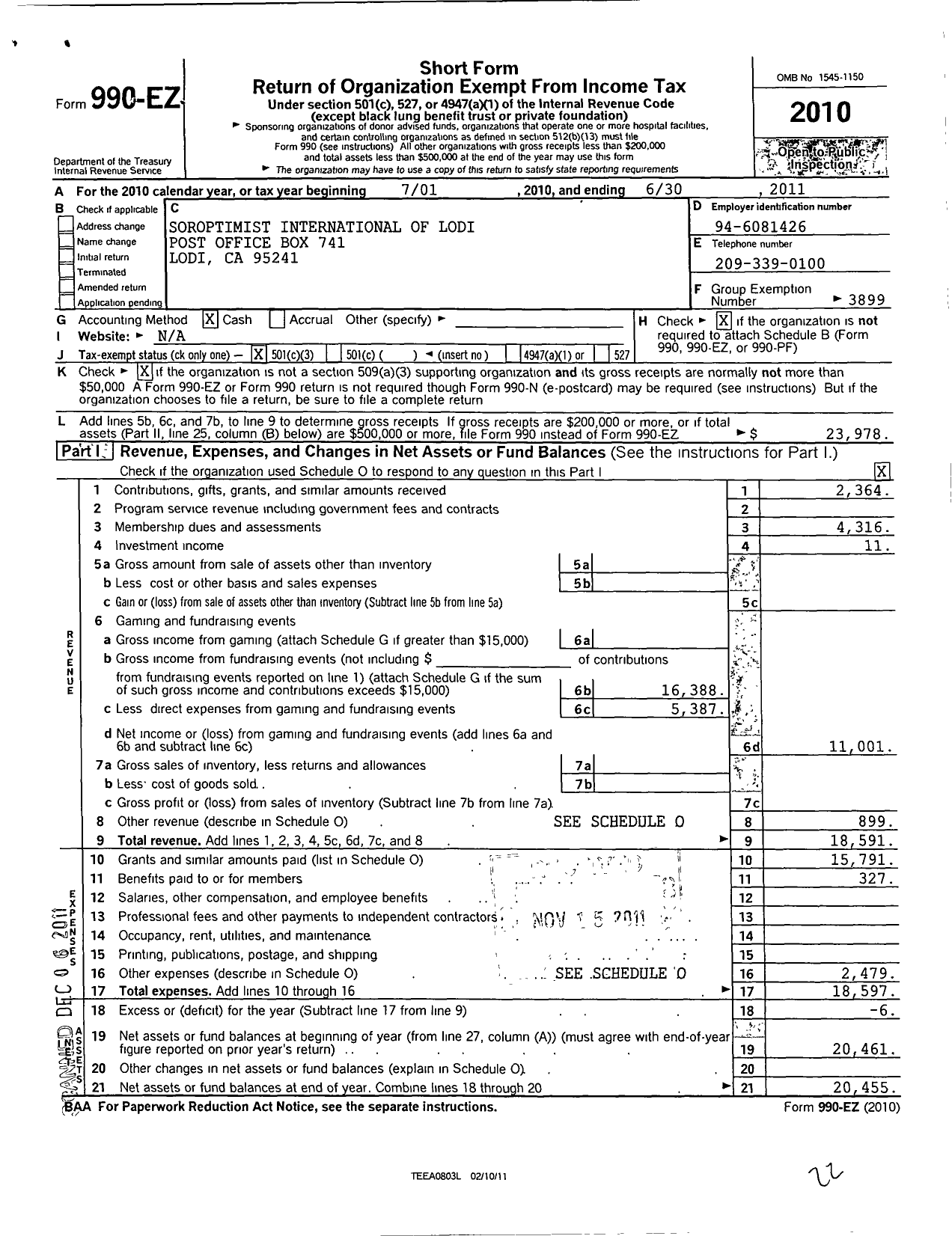 Image of first page of 2010 Form 990EZ for Soroptimist International of the Americas - 117105 Lodi Ca