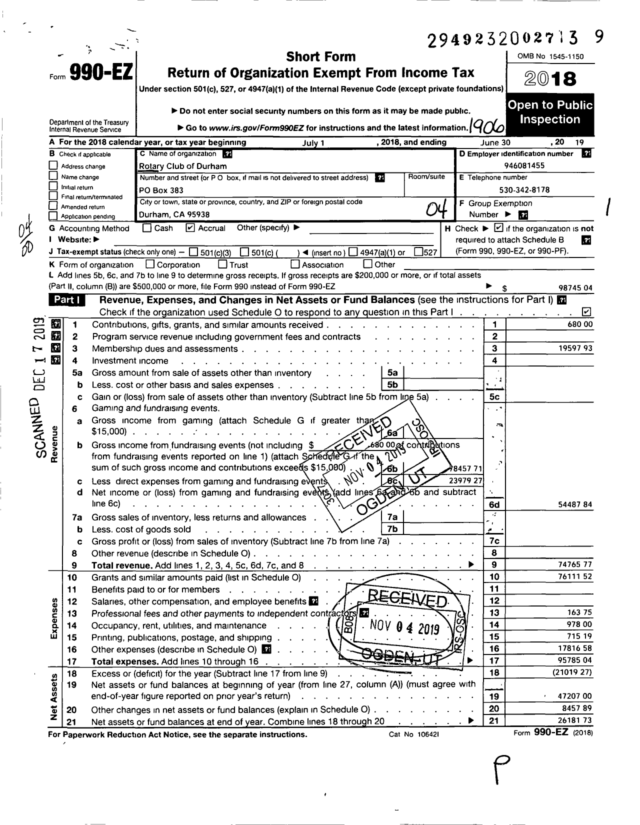 Image of first page of 2018 Form 990EO for Rotary International - Durham