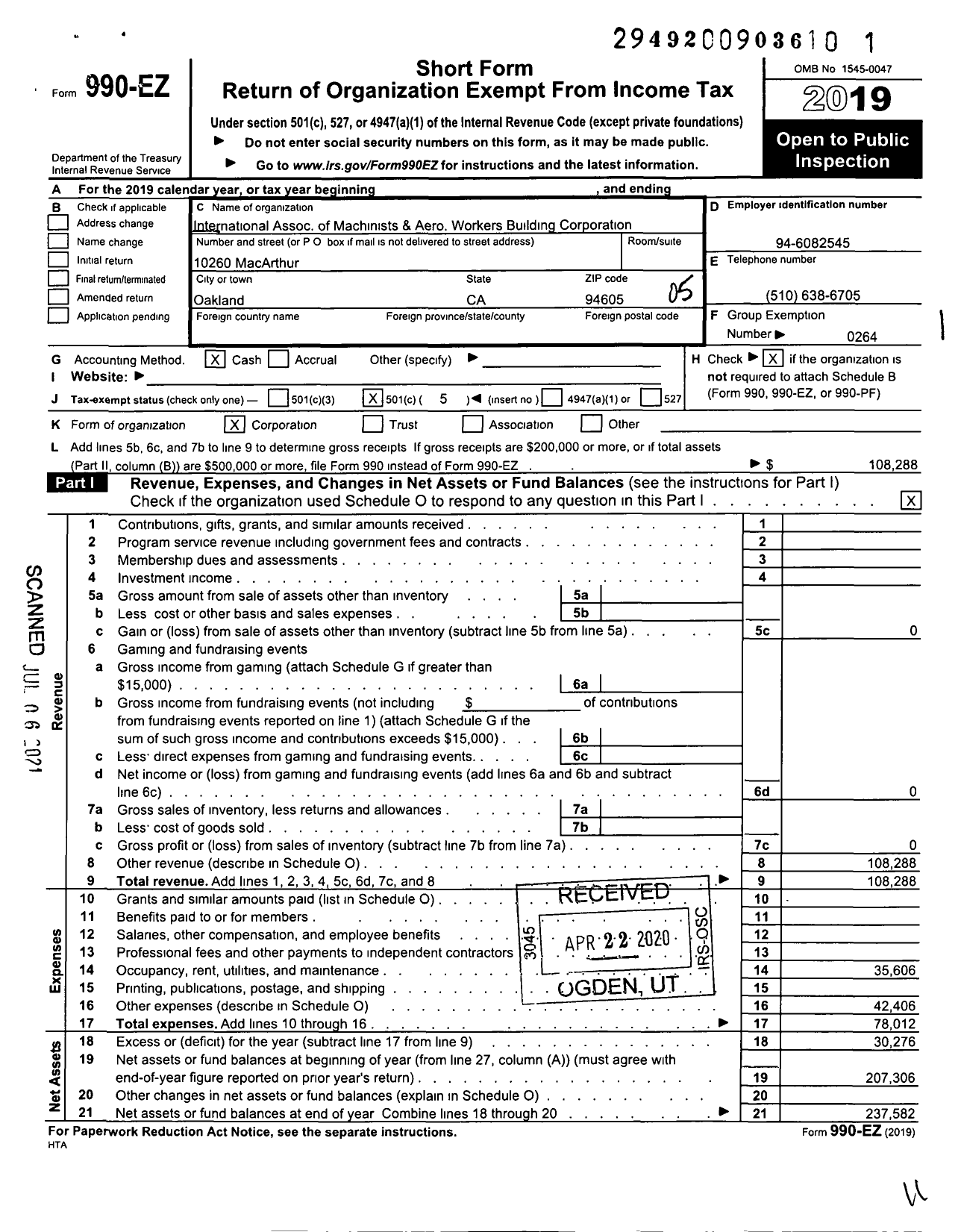 Image of first page of 2019 Form 990EO for International Association of Machinists and Aerospace Workers - 1546 Building Corporation