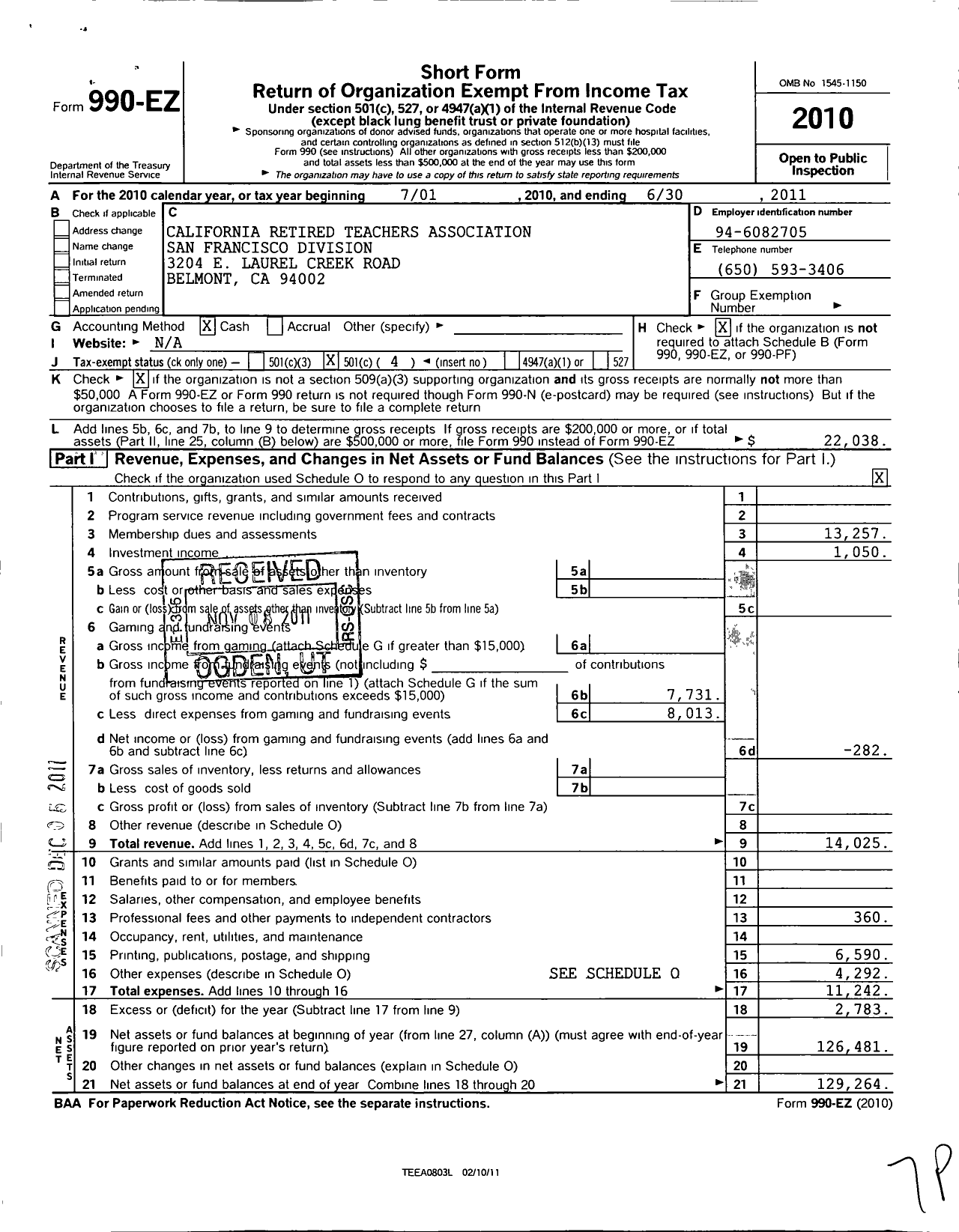 Image of first page of 2010 Form 990EO for California Retired Teachers Association / Iv-36 San Francisco