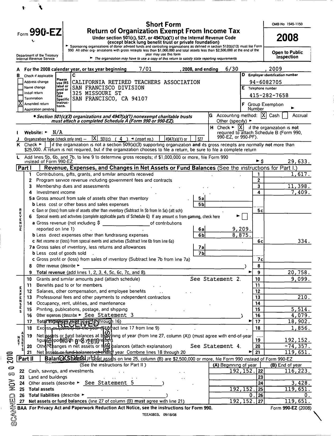 Image of first page of 2008 Form 990EO for California Retired Teachers Association / Iv-36 San Francisco