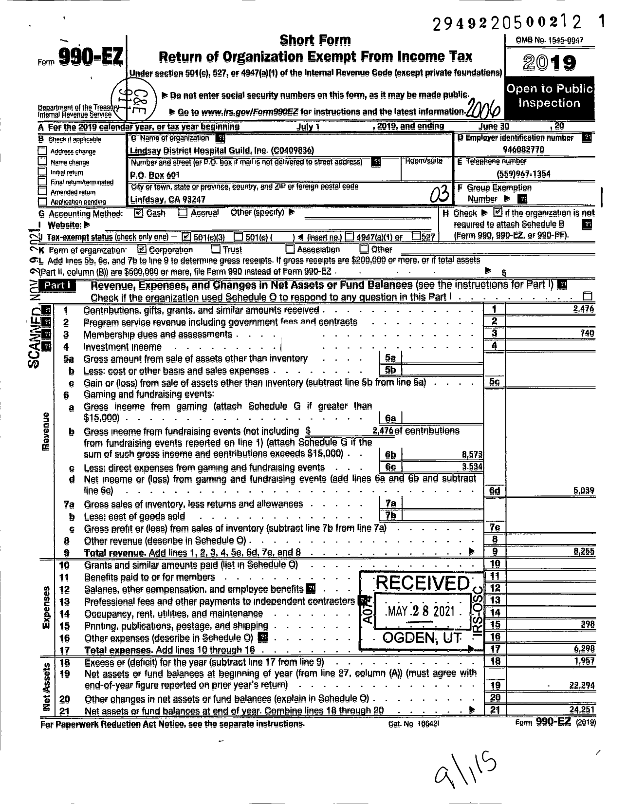 Image of first page of 2019 Form 990EZ for Lindsay District Hospital Guild