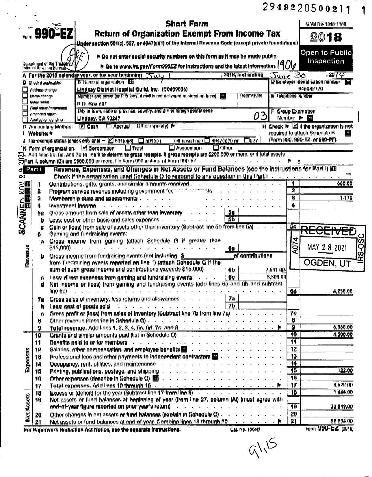 Image of first page of 2018 Form 990EZ for Lindsay District Hospital Guild