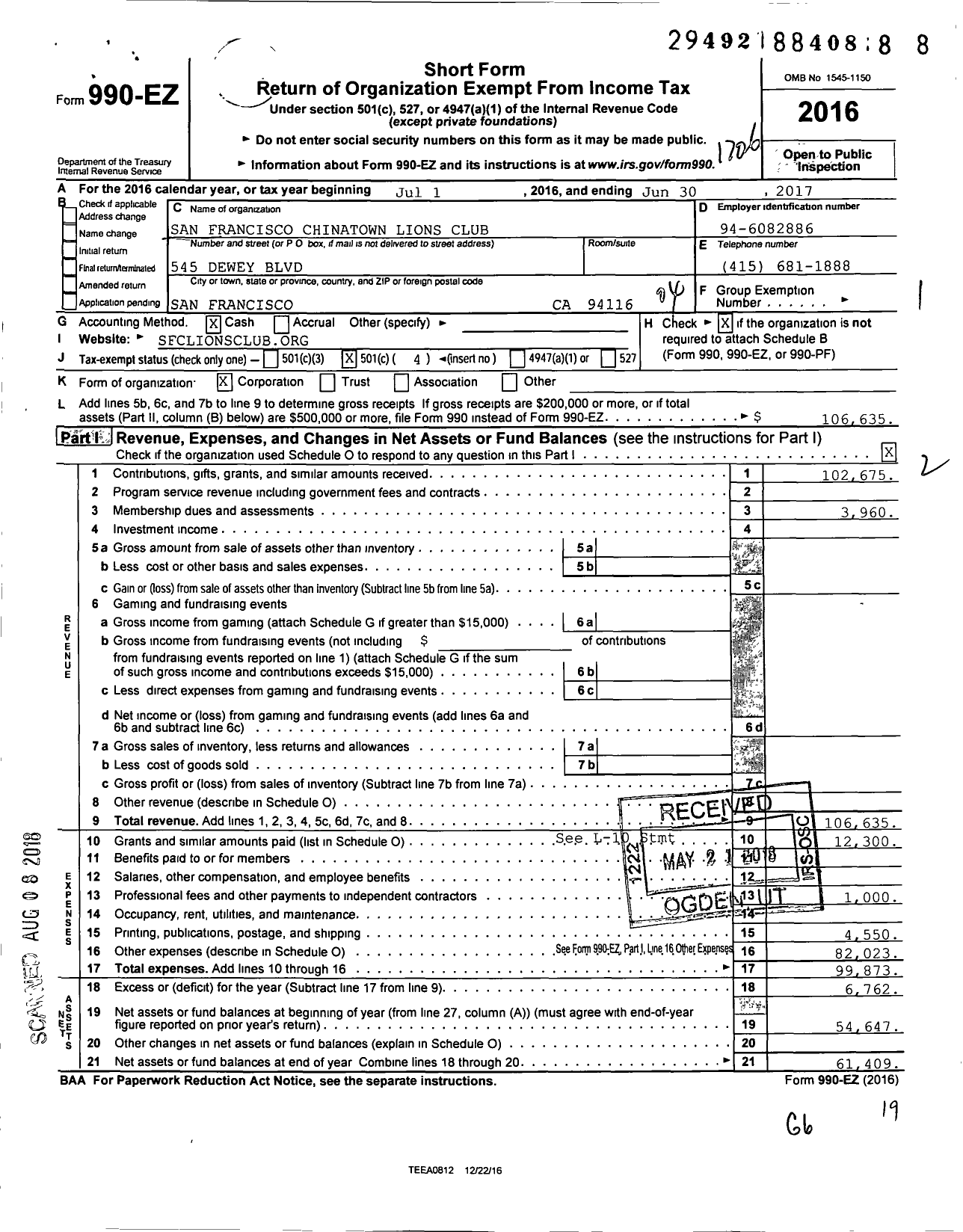 Image of first page of 2016 Form 990EO for Lions Clubs - 2134 San Francisco Chinatown