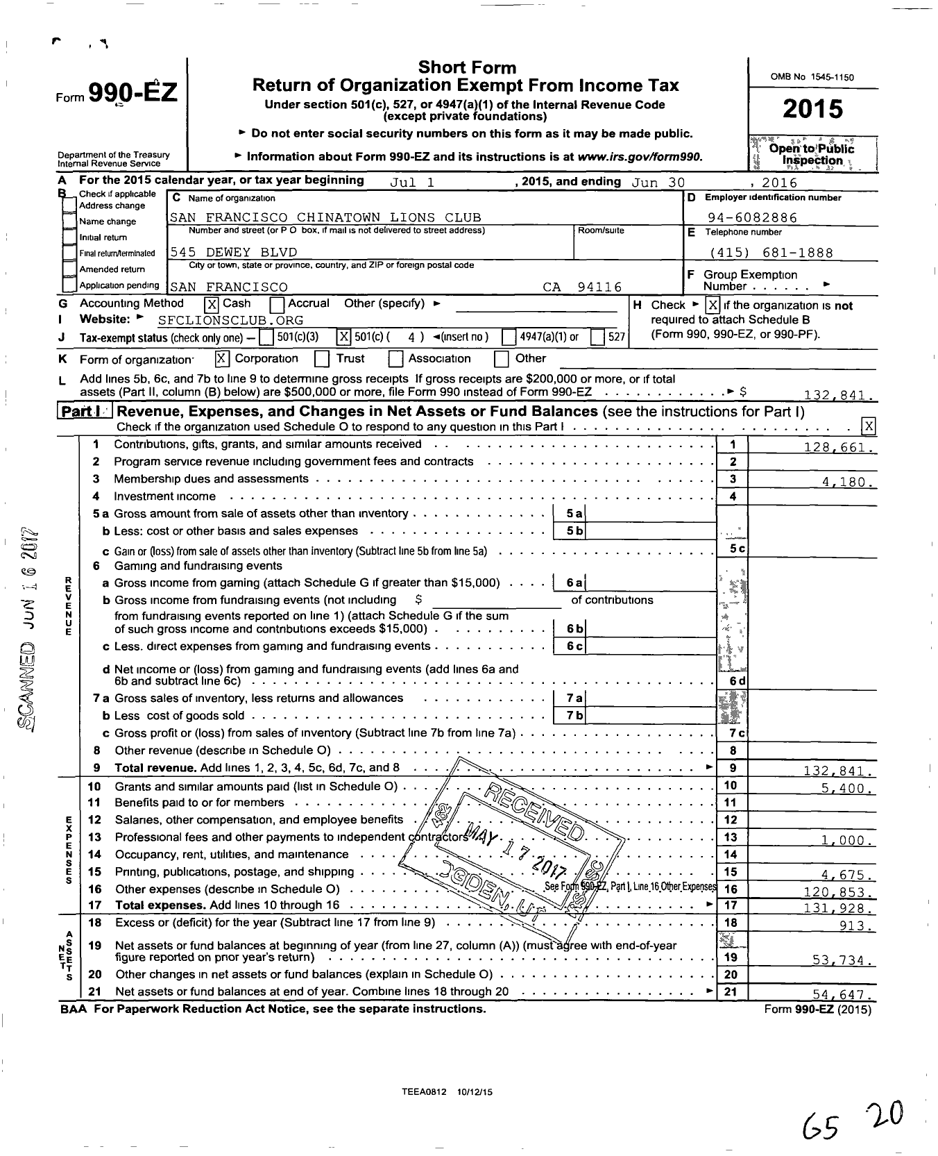 Image of first page of 2015 Form 990EO for Lions Clubs - 2134 San Francisco Chinatown