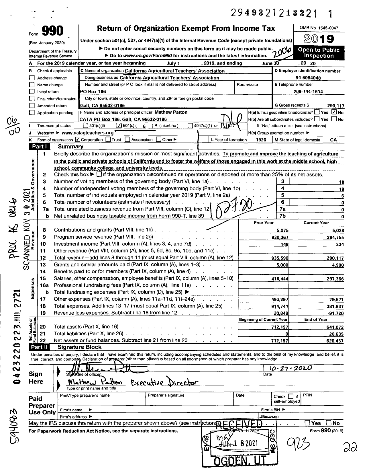 Image of first page of 2019 Form 990O for California Agricultural Teachers Association